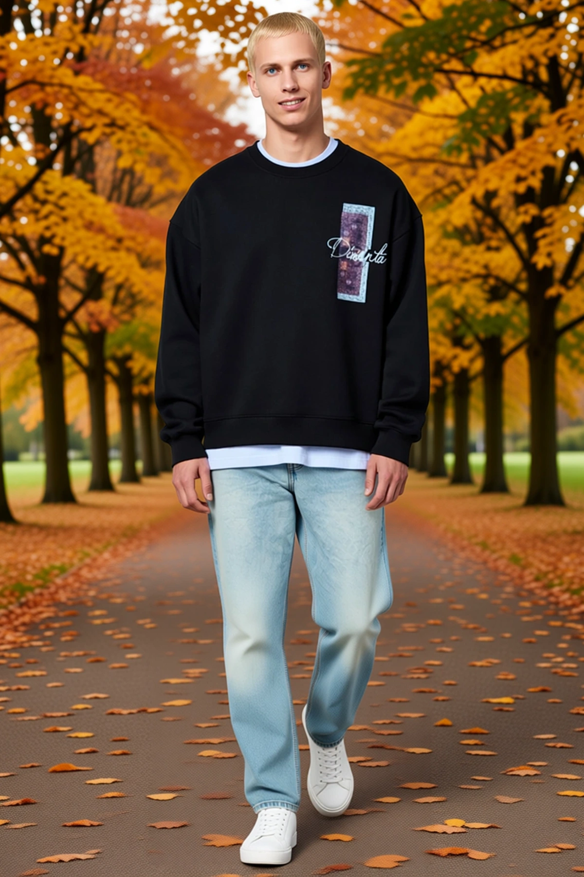 Erkek Uzun Kol Bisiklet Yaka Ön Ve Arka Baskılı Sweatshirt Halı Motifli Oversize Düşük Omuz Rahat