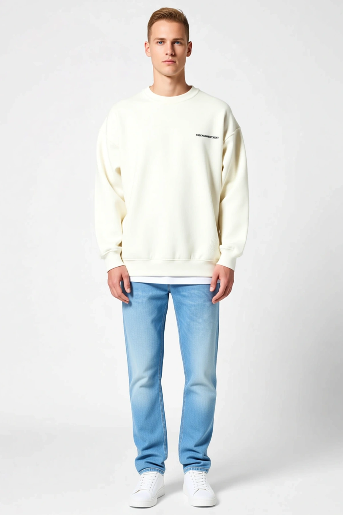 Erkek Kışlık Bisiklet Yaka Oversize Sırt Baskılı Sweatshirt Büyük Harf Yazılı Düşük Omuz Uzun Kollu