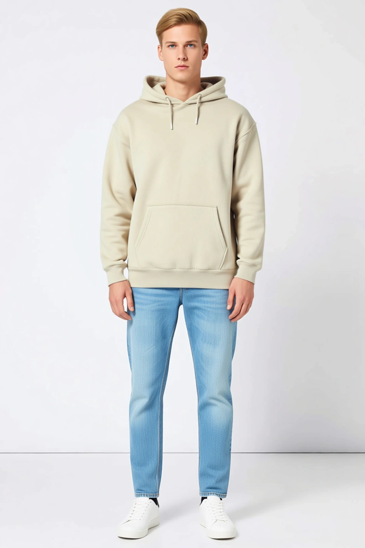 Erkek Üç İplik Penye Kapşonlu Basic Sweatshirt Kanguru Cepli Oversize Bağcıklı Düşük Omuz Uzun Kollu
