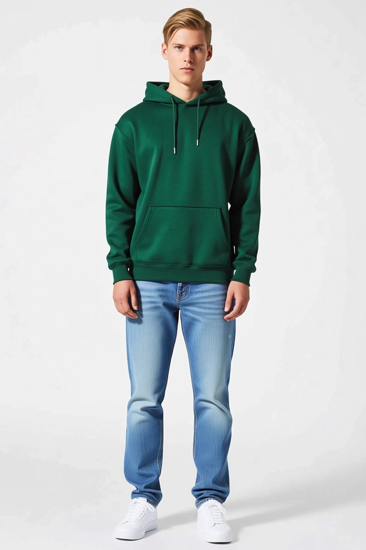 Erkek Üç İplik Penye Kapşonlu Basic Sweatshirt Geniş Kapüşonlu Oversize Düşük Omuz Uzun Kollu Rahat