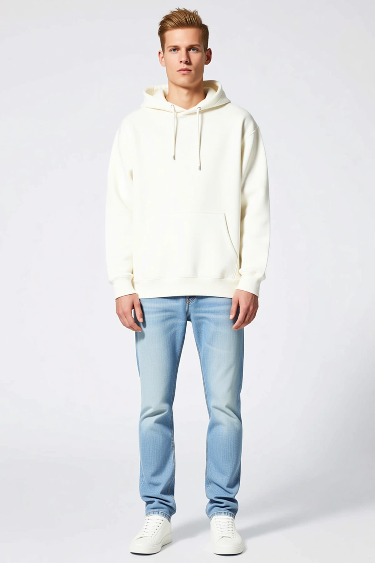 Erkek Üç İplik Penye Kapşonlu Basic Sweatshirt Bağcıklı Kanguru Cepli Oversize Düşük Omuz Konforlu
