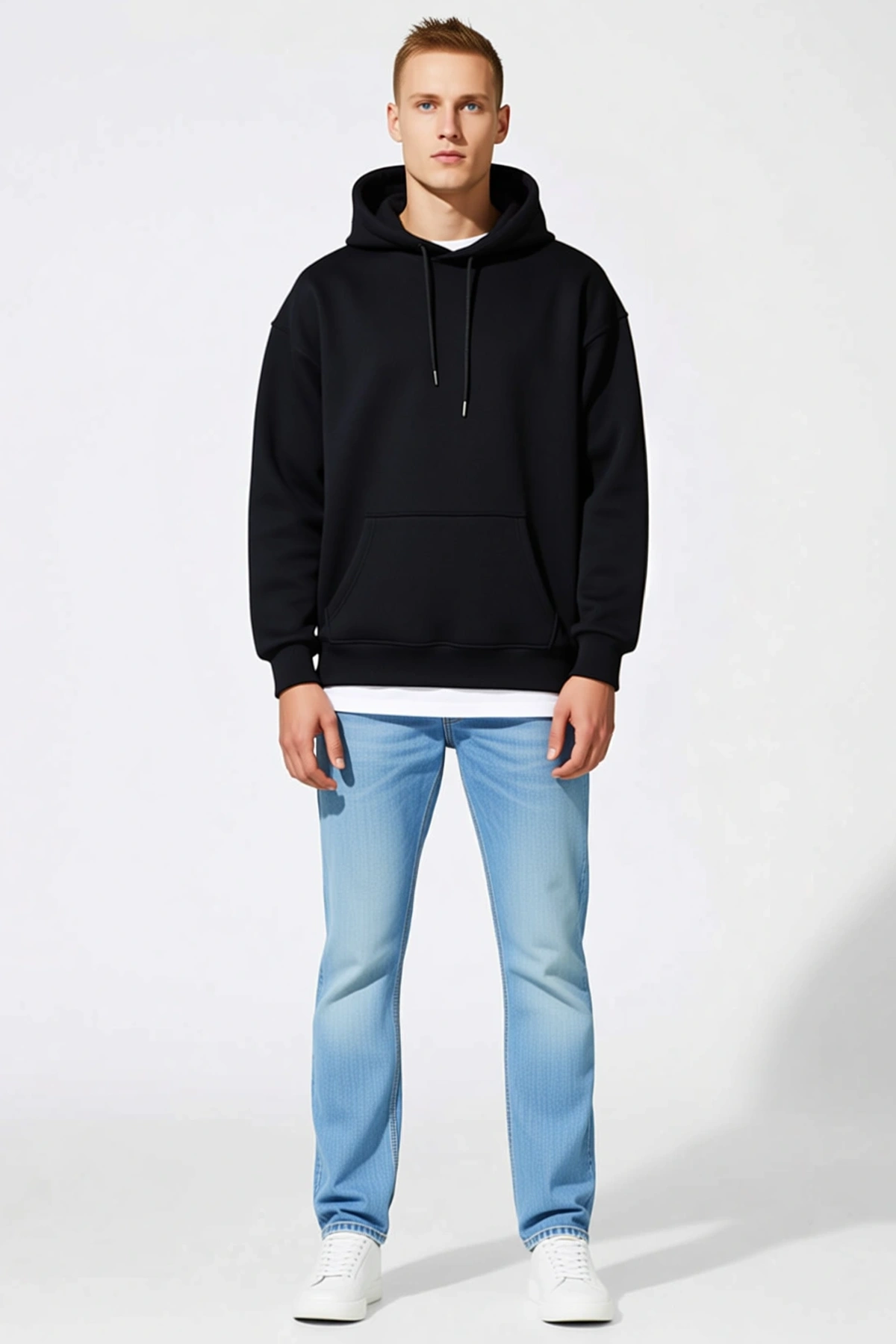 Erkek Üç İplik Penye Kapşonlu Basic Sweatshirt Kanguru Cepli Bağcıklı Oversize Düşük Omuz Rahat