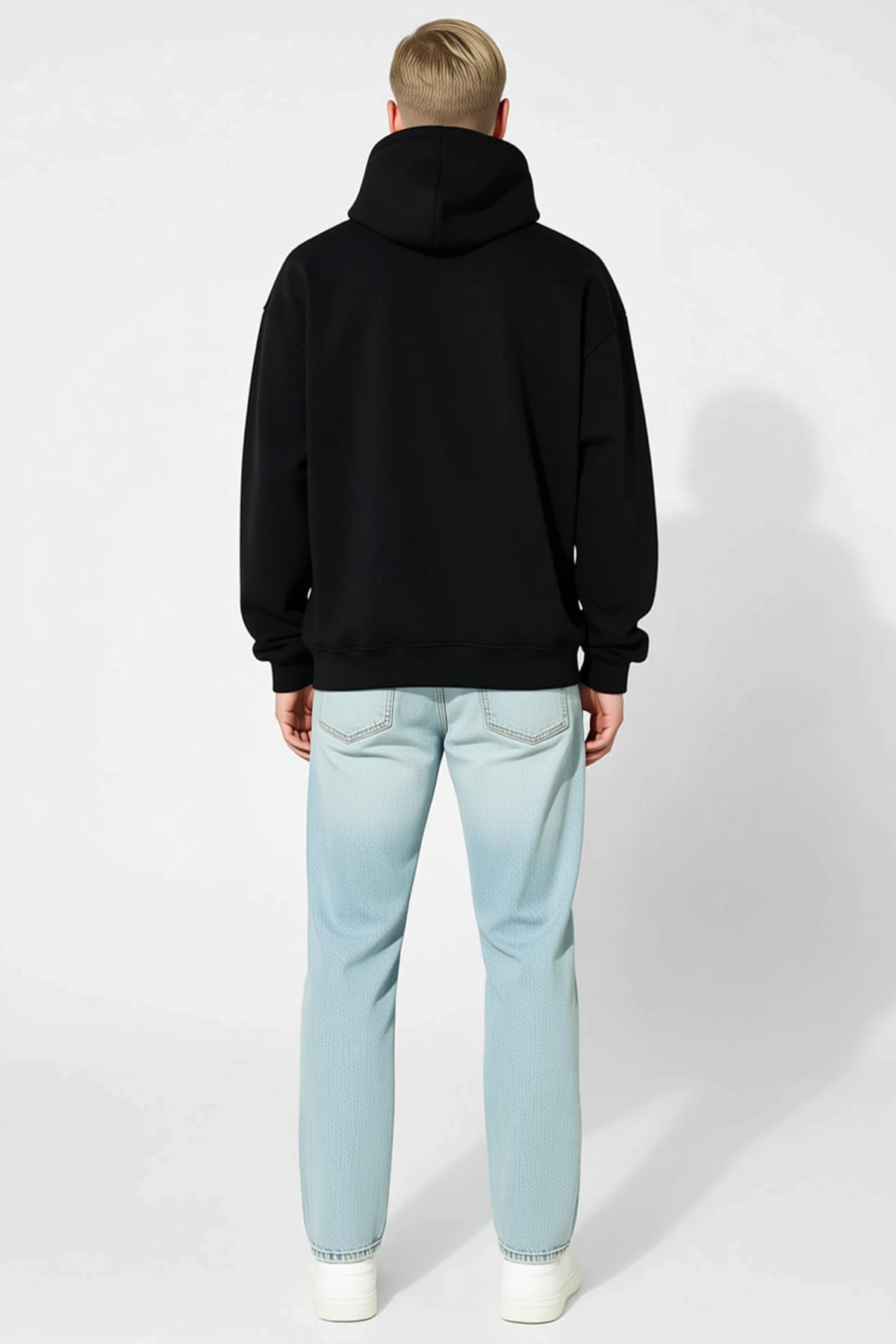 Erkek Üç İplik Penye Kapşonlu Basic Sweatshirt Kanguru Cepli Bağcıklı Oversize Düşük Omuz Rahat