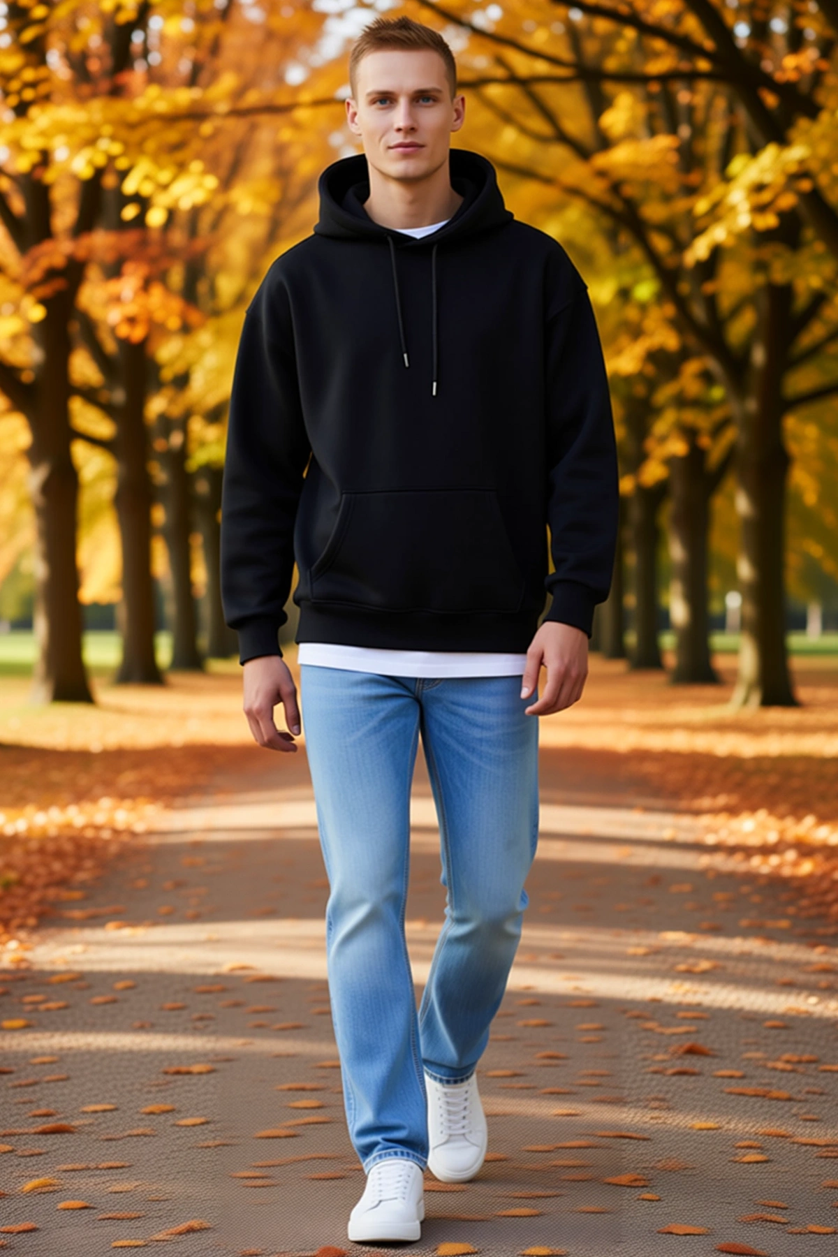Erkek Üç İplik Penye Kapşonlu Basic Sweatshirt Kanguru Cepli Bağcıklı Oversize Düşük Omuz Rahat