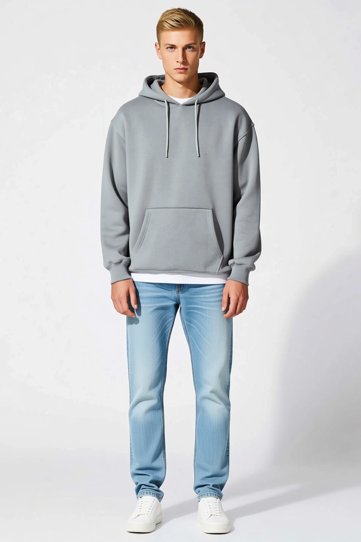 Erkek Üç İplik Penye Kapşonlu Oversize Sweatshirt Kanguru Cepli Bağcıklı Düşük Omuz Rahat Kesim