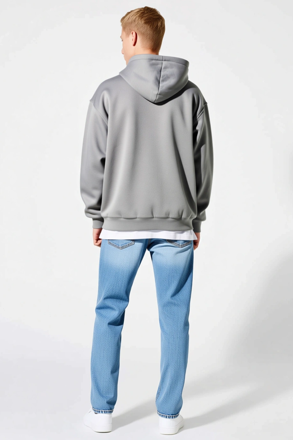 Erkek Üç İplik Penye Kapşonlu Oversize Sweatshirt Kanguru Cepli Bağcıklı Düşük Omuz Rahat Kesim