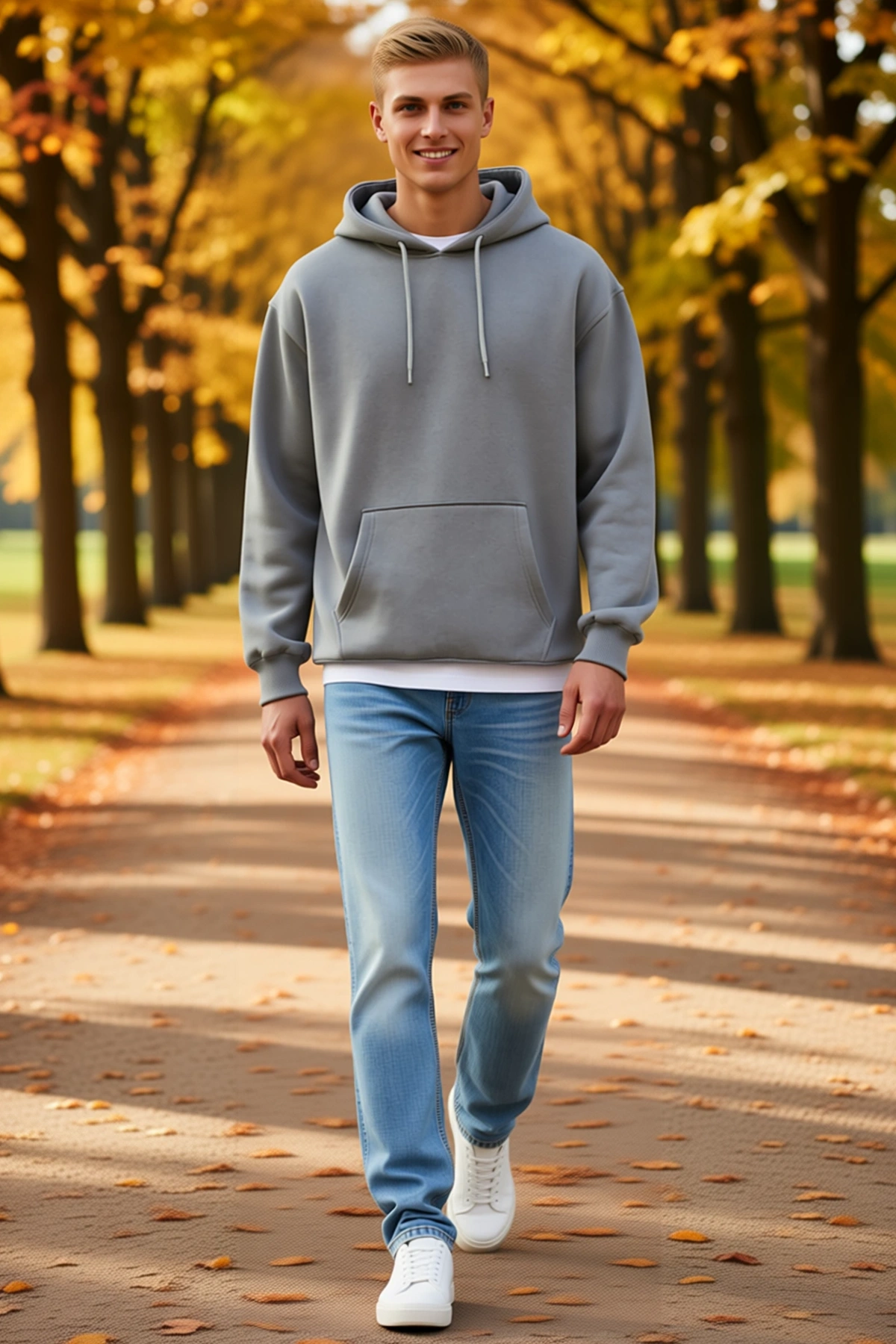 Erkek Üç İplik Penye Kapşonlu Oversize Sweatshirt Kanguru Cepli Bağcıklı Düşük Omuz Rahat Kesim
