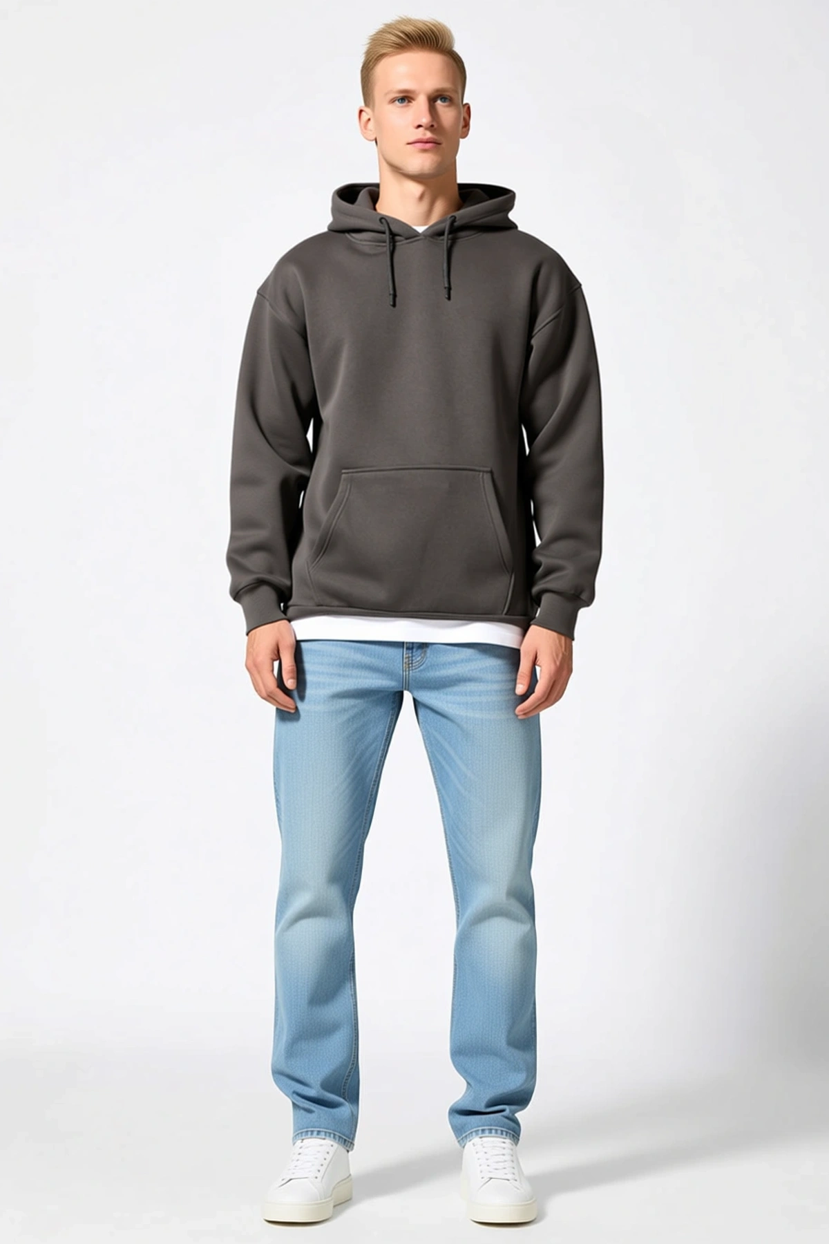 Erkek Üç İplik Penye Kapşonlu Bol Kalıp Basic Sweatshirt Kanguru Cepli Bağcıklı Geniş Kol Günlük