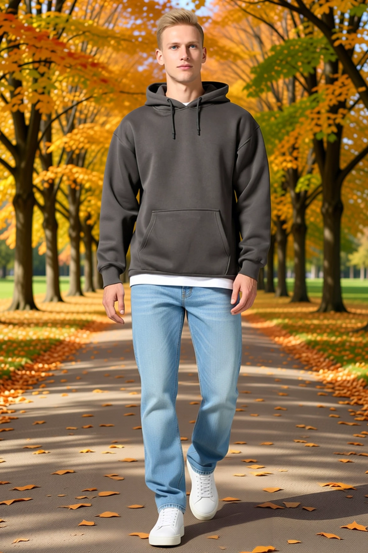 Erkek Üç İplik Penye Kapşonlu Bol Kalıp Basic Sweatshirt Kanguru Cepli Bağcıklı Geniş Kol Günlük