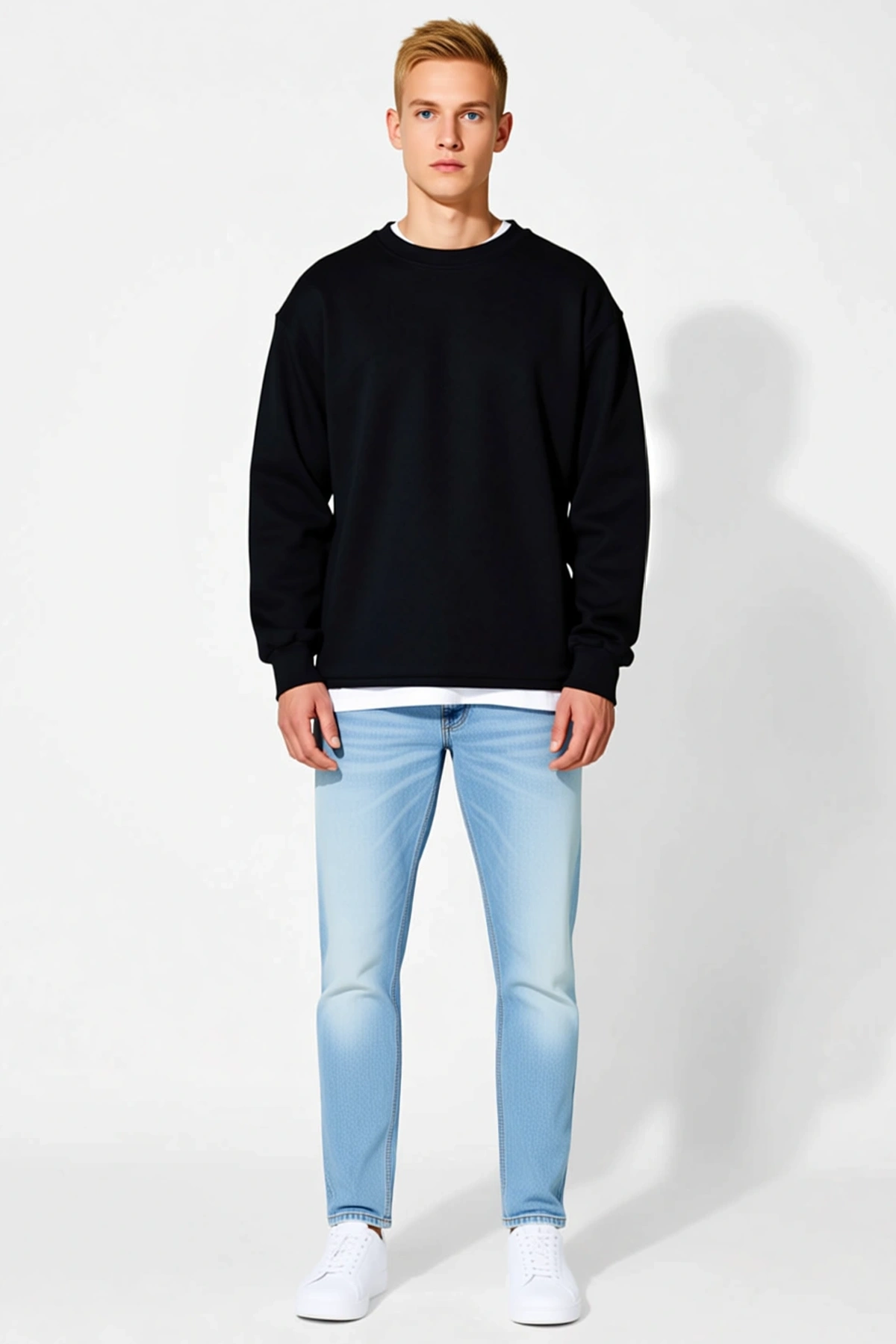 Erkek Kışlık Bisiklet Yaka Üç İplik Oversize Basic Sweatshirt Düşük Omuzlu Ribanalı Rahat Kesim