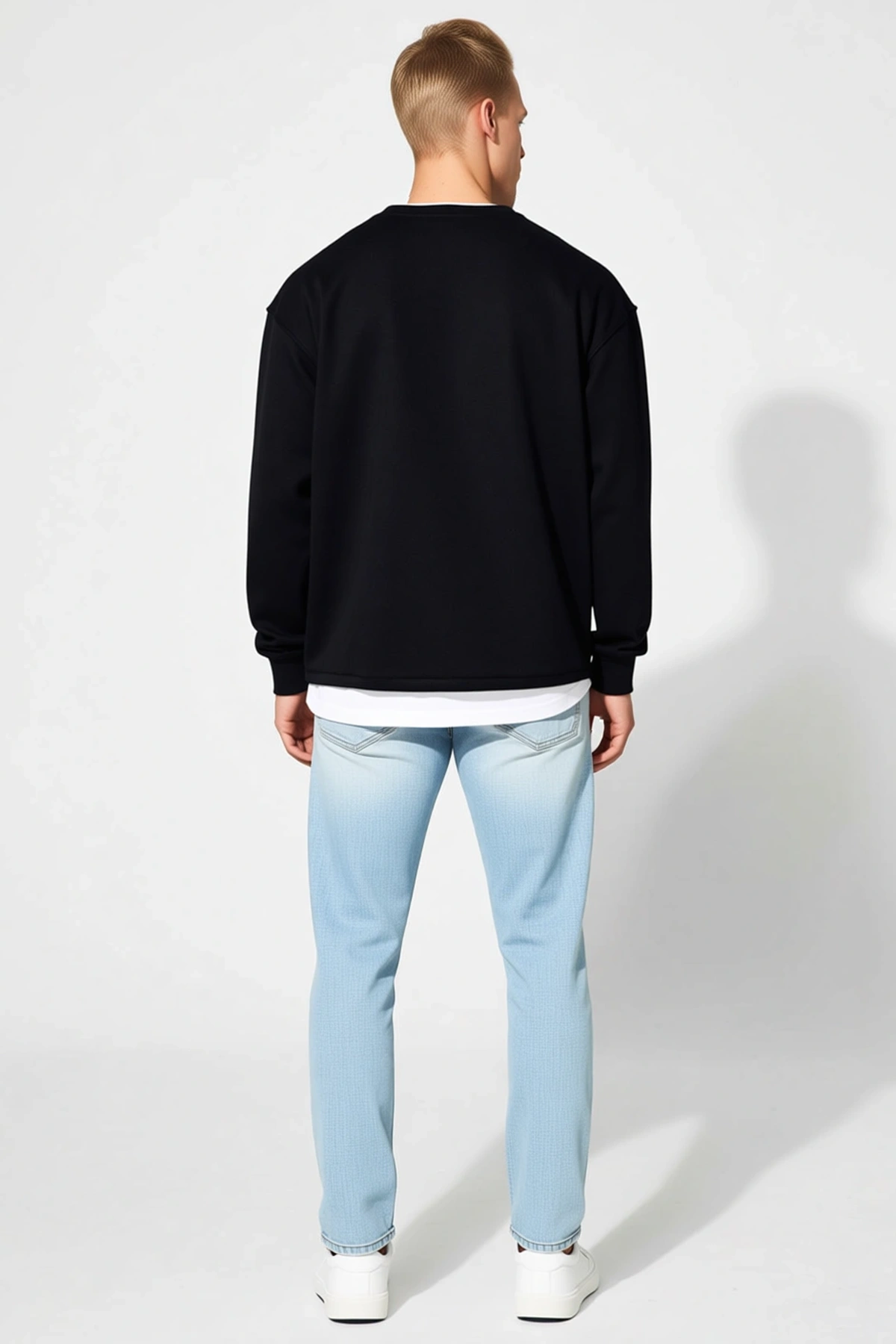 Erkek Kışlık Bisiklet Yaka Üç İplik Oversize Basic Sweatshirt Düşük Omuzlu Ribanalı Rahat Kesim