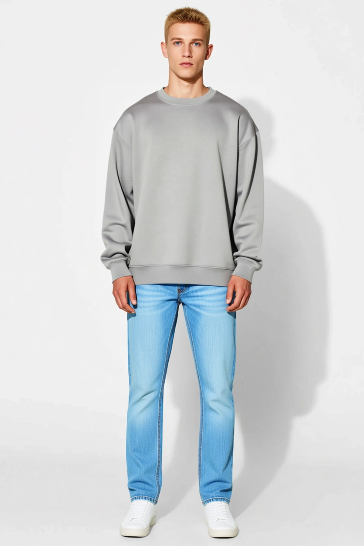 Erkek Kışlık Bisiklet Yaka Üç İplik Salaş Kalıp Basic Sweatshirt Ribanalı Kol Ucu Düşük Omuz Günlük