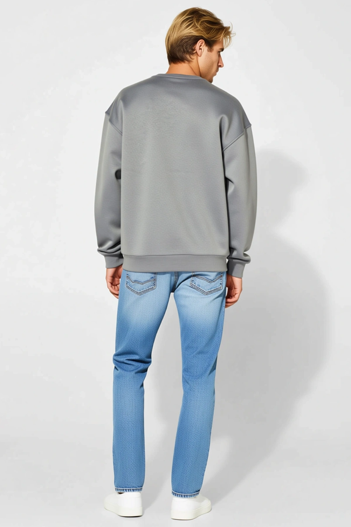 Erkek Kışlık Bisiklet Yaka Üç İplik Salaş Kalıp Basic Sweatshirt Ribanalı Kol Ucu Düşük Omuz Günlük