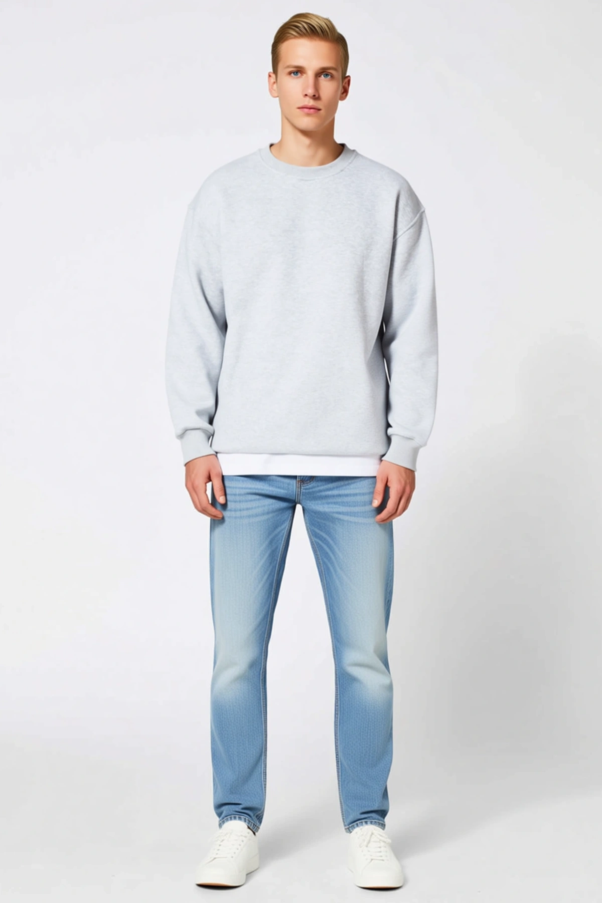 Erkek Kışlık Bisiklet Yaka Üç İplik Melanj Dokulu Basic Sweatshirt Düşük Omuzlu Ribanalı Rahat Kesim