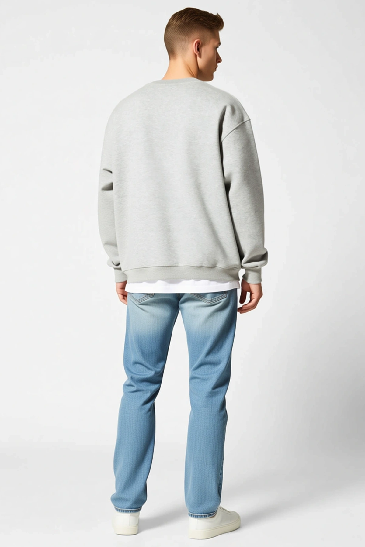 Erkek Kışlık Bisiklet Yaka Üç İplik Melanj Dokulu Basic Sweatshirt Düşük Omuzlu Ribanalı Rahat Kesim