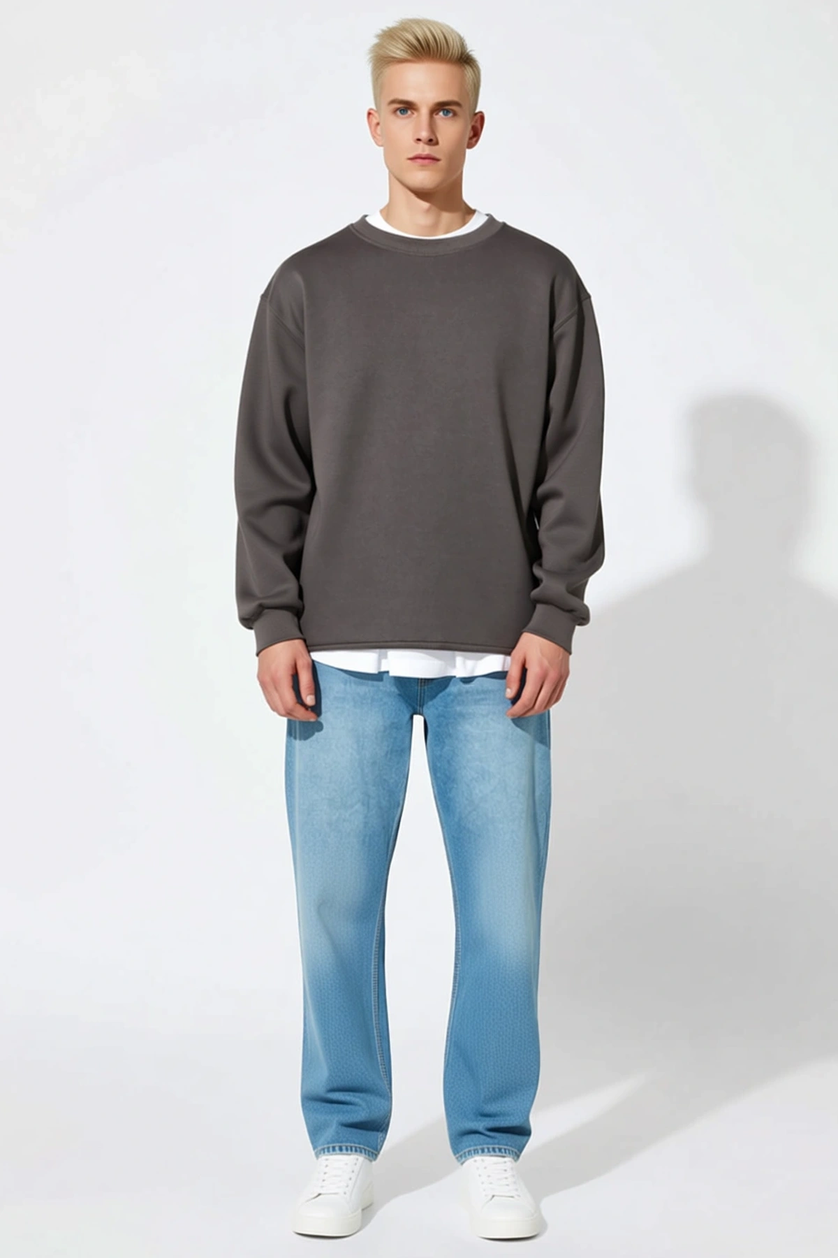 Erkek Kışlık Bisiklet Yaka Üç İplik Oversize Basic Sweatshirt Düşük Omuz Ribanalı Kol Rahat Kesim