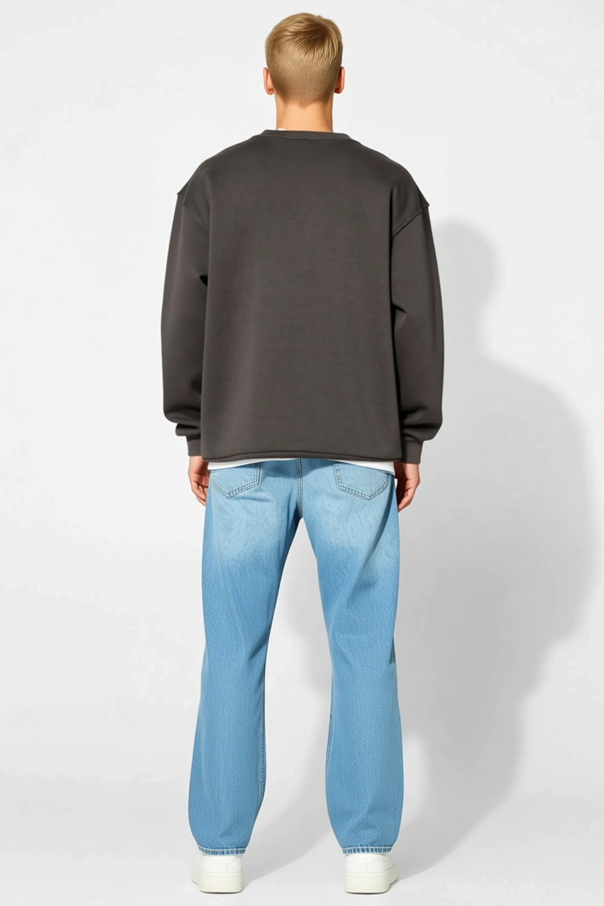 Erkek Kışlık Bisiklet Yaka Üç İplik Oversize Basic Sweatshirt Düşük Omuz Ribanalı Kol Rahat Kesim