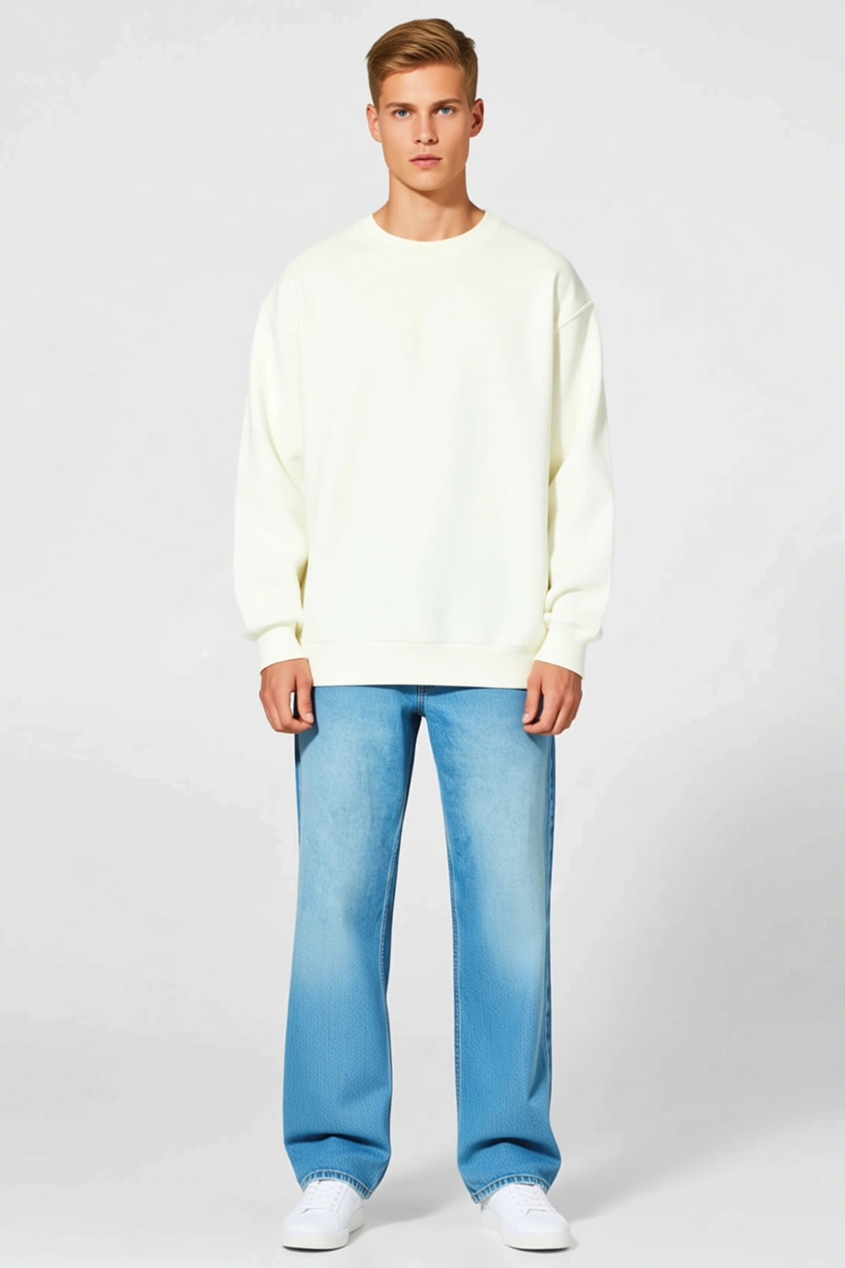 Erkek Kışlık Bisiklet Yaka Üç İplik Bol Kalıp Basic Sweatshirt Düz Yüzeyli Ribanalı Alt Günlük Kesim