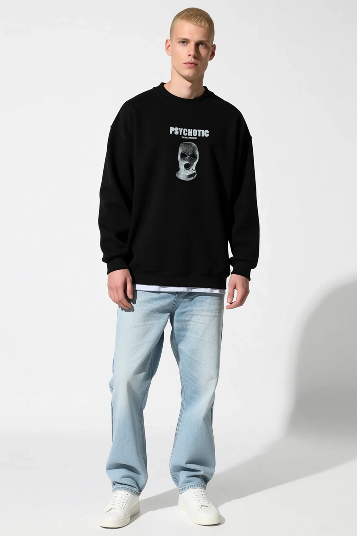 Erkek Kışlık Bisiklet Yaka Baskılı Oversize Sweatshirt Önü Grafik Desenli Ribanalı Manşet Rahat Form