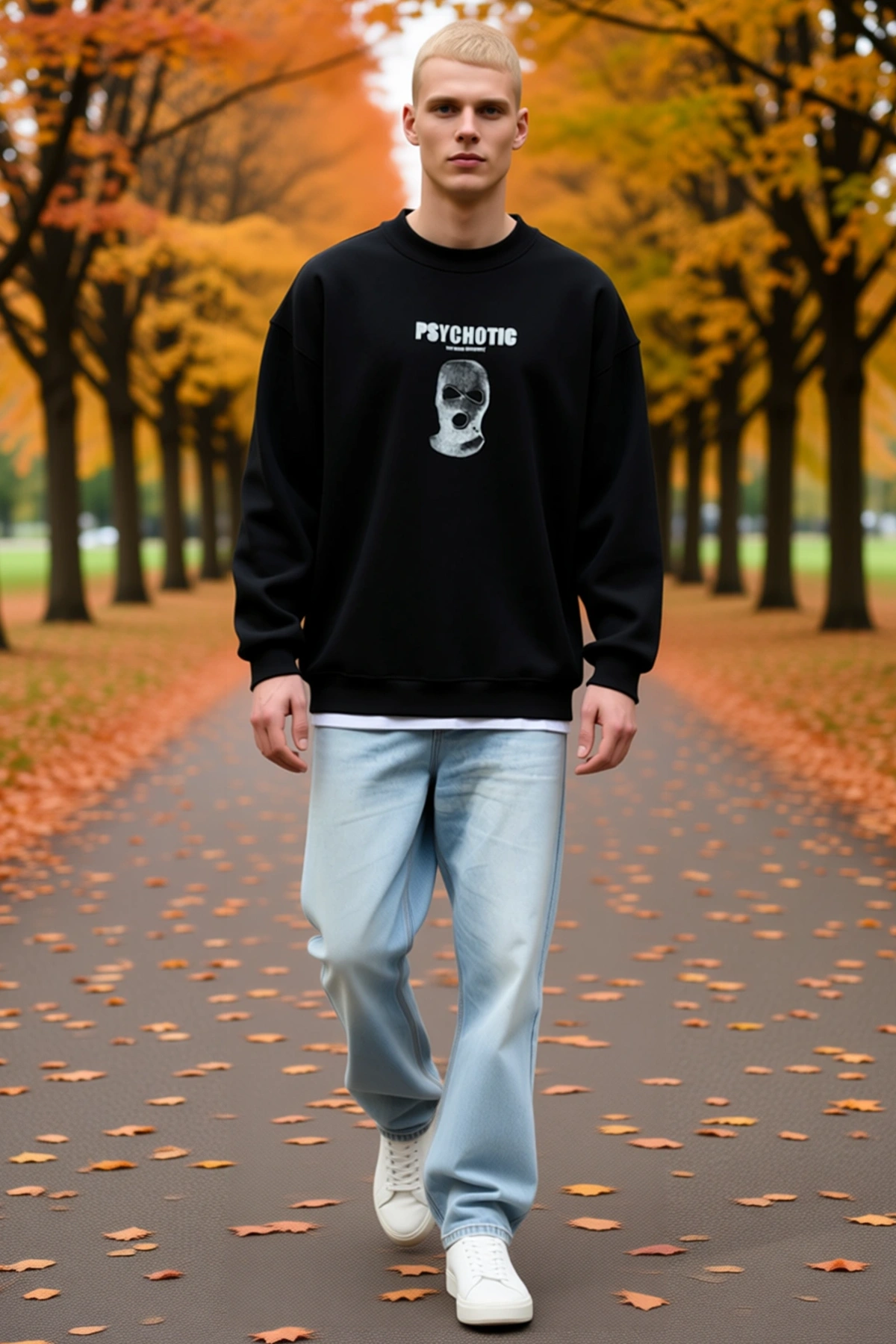 Erkek Kışlık Bisiklet Yaka Baskılı Oversize Sweatshirt Önü Grafik Desenli Ribanalı Manşet Rahat Form