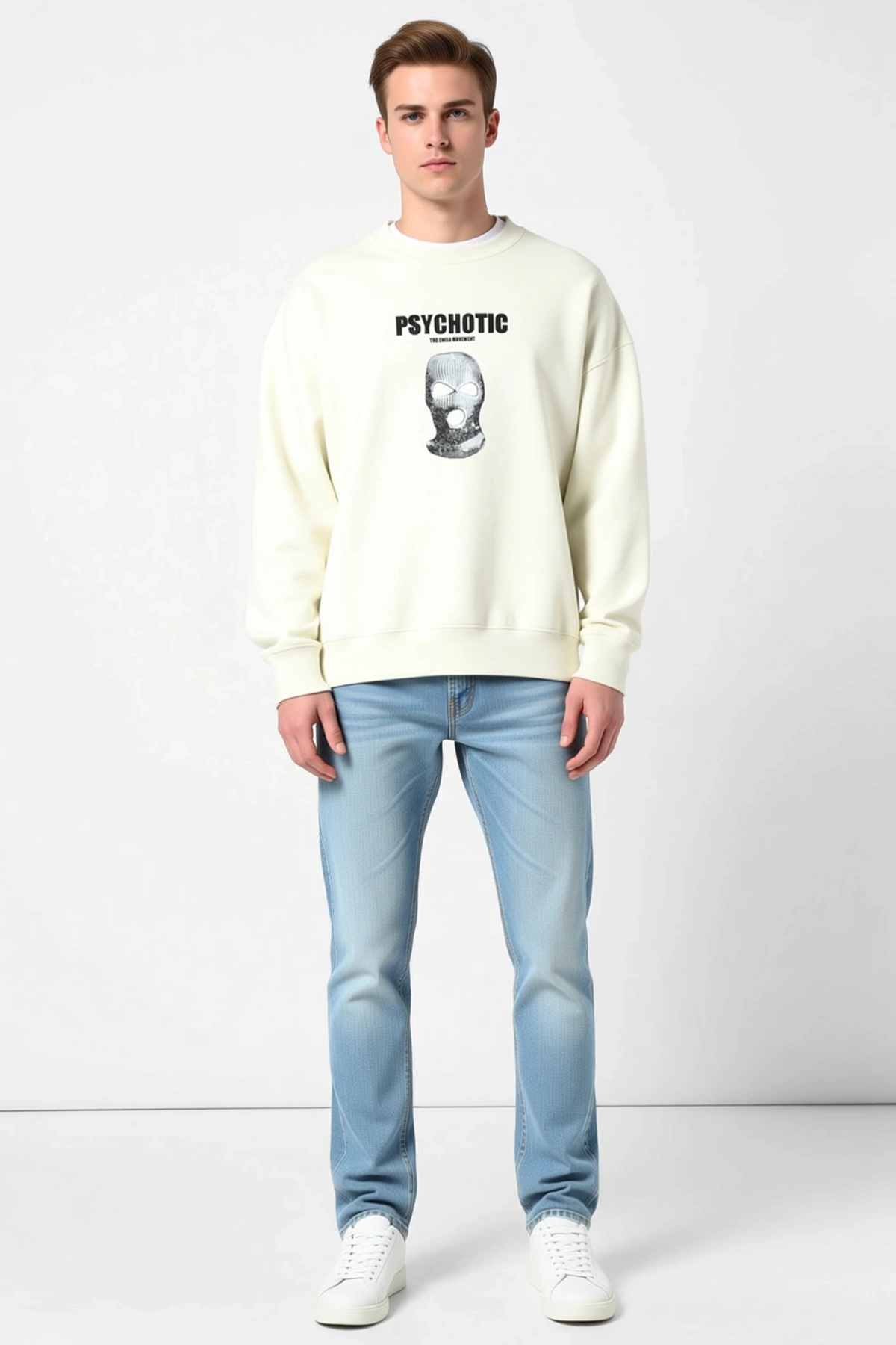 Erkek Kışlık Bisiklet Yaka Baskılı Bol Kalıp Sweatshirt Maskeli Yazılı Grafik Düşük Omuz Günlük Stil