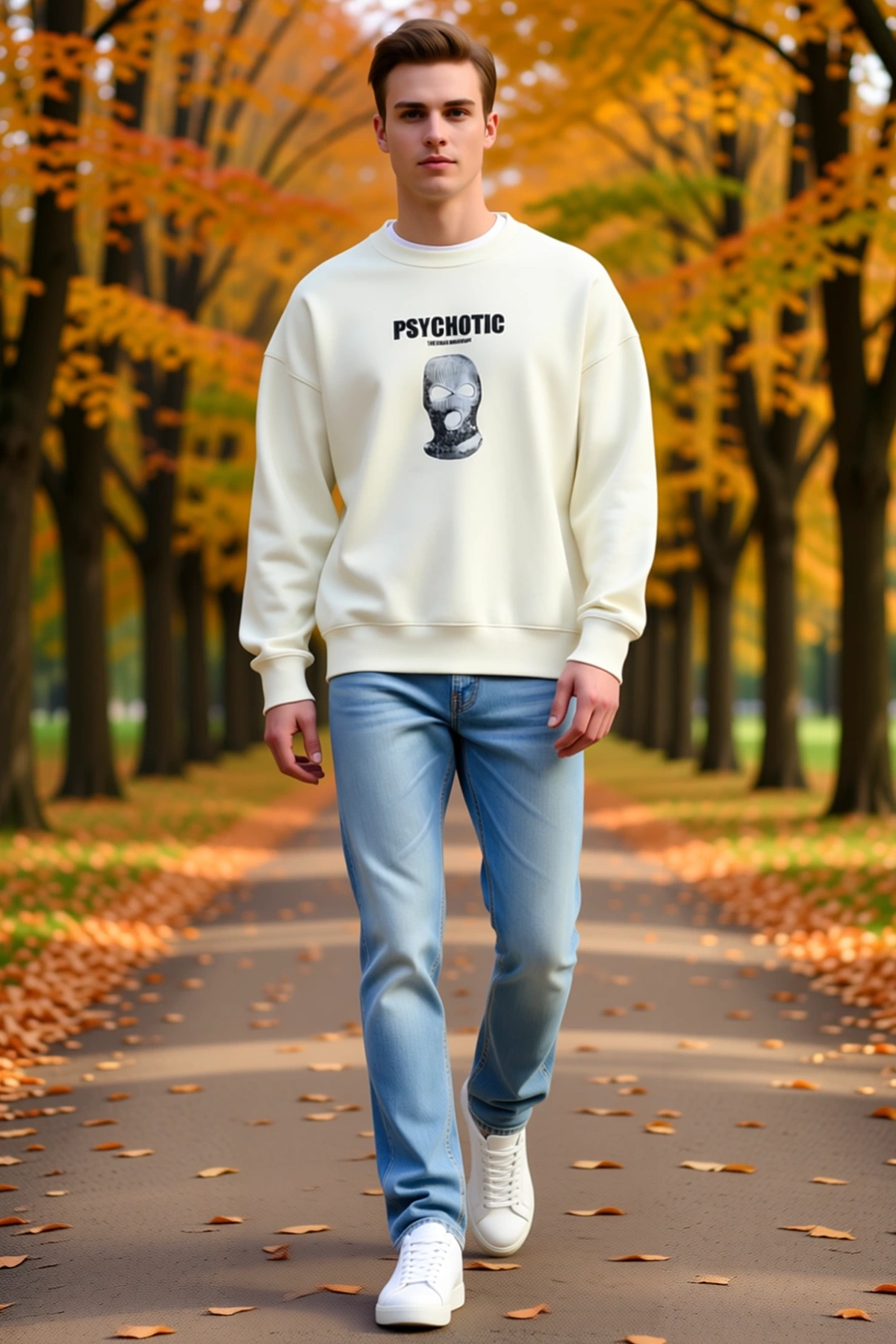 Erkek Kışlık Bisiklet Yaka Baskılı Bol Kalıp Sweatshirt Maskeli Yazılı Grafik Düşük Omuz Günlük Stil