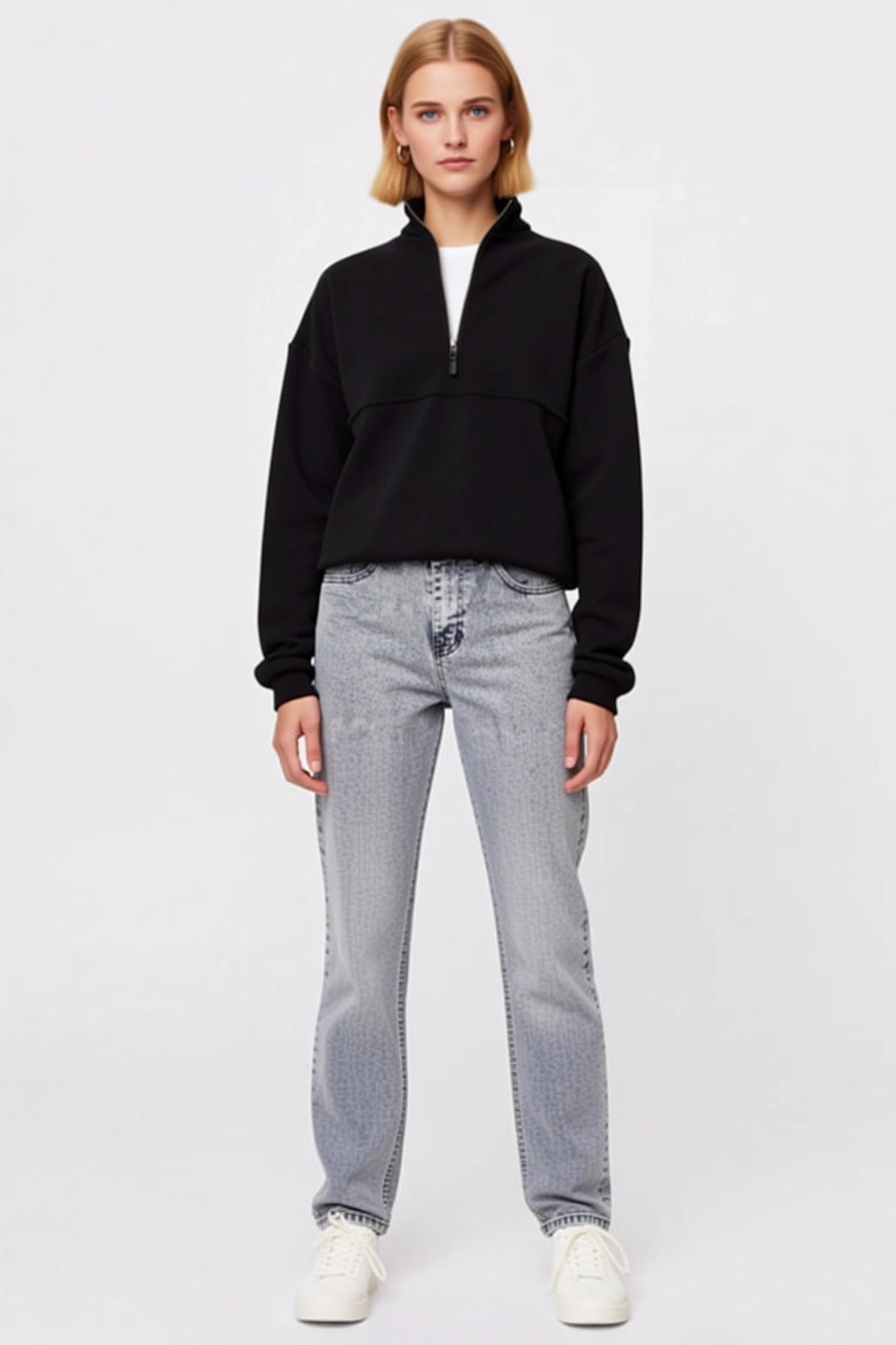Kadın Oversize Yarım Fermuarlı Dik Yaka Basic Sweatshirt Önü Dikişli Ribanalı Bel Günlük Rahat Kesim