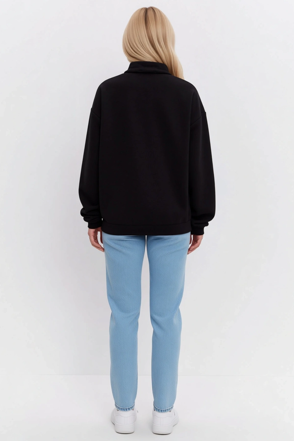Kadın Oversize Yarım Fermuarlı Dik Yaka Basic Sweatshirt Önü Dikişli Ribanalı Bel Günlük Rahat Kesim