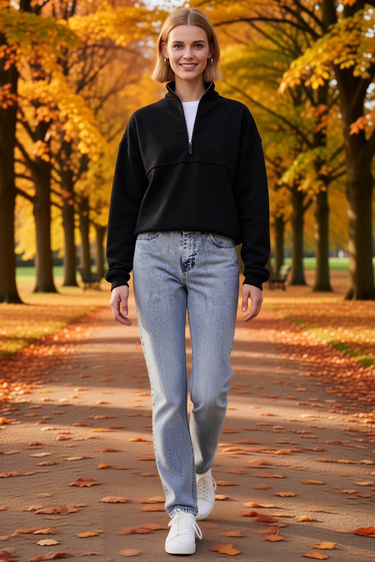 Kadın Oversize Yarım Fermuarlı Dik Yaka Basic Sweatshirt Önü Dikişli Ribanalı Bel Günlük Rahat Kesim