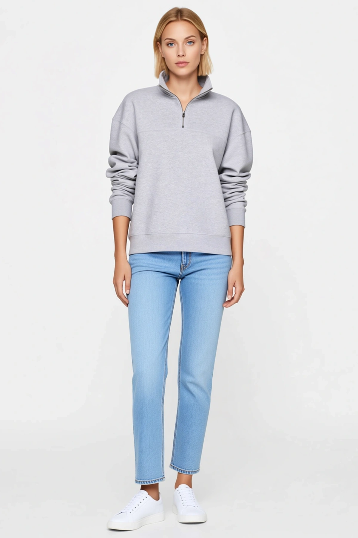 Kadın Oversize Yarım Fermuarlı Dik Yaka Melanj Dokulu Basic Sweatshirt Ribanalı Etek Ucu Düşük Omuz