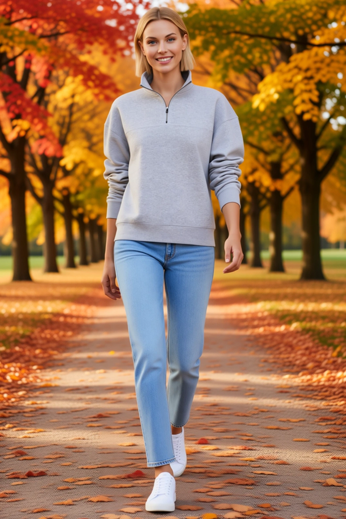 Kadın Oversize Yarım Fermuarlı Dik Yaka Melanj Dokulu Basic Sweatshirt Ribanalı Etek Ucu Düşük Omuz