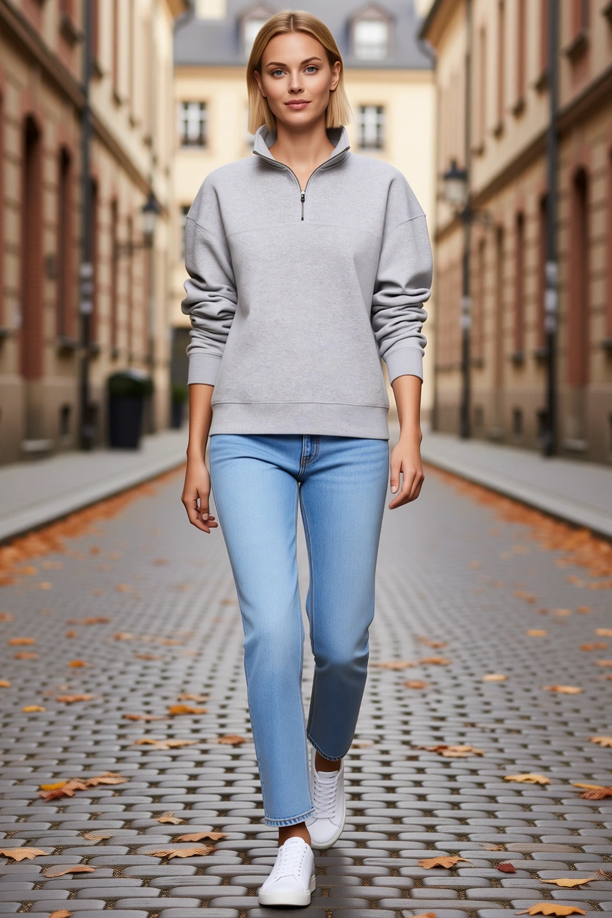 Kadın Oversize Yarım Fermuarlı Dik Yaka Melanj Dokulu Basic Sweatshirt Ribanalı Etek Ucu Düşük Omuz