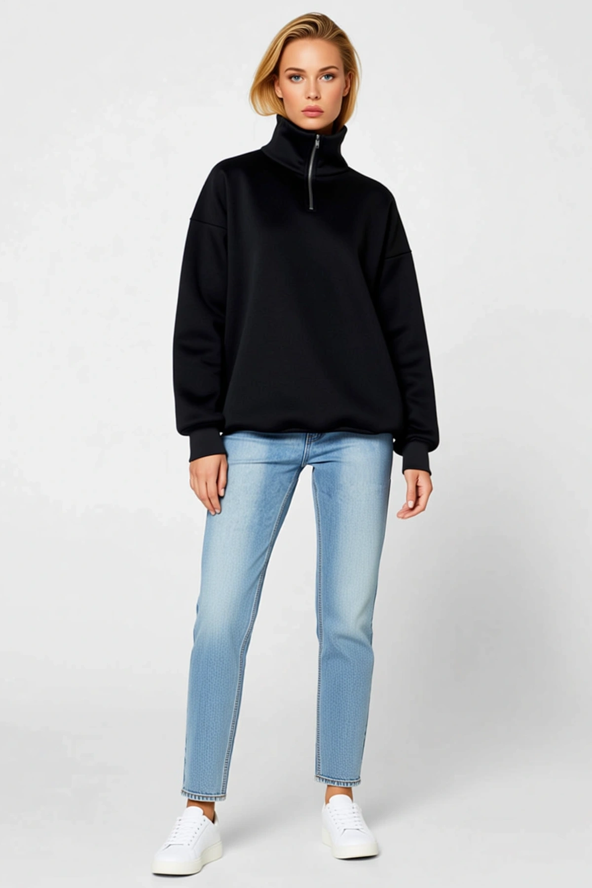 Kadın Uzun Kollu Yarım Fermuarlı Yüksek Yaka Basic Sweatshirt Bol Kesim Düşük Omuz Ribanalı Günlük