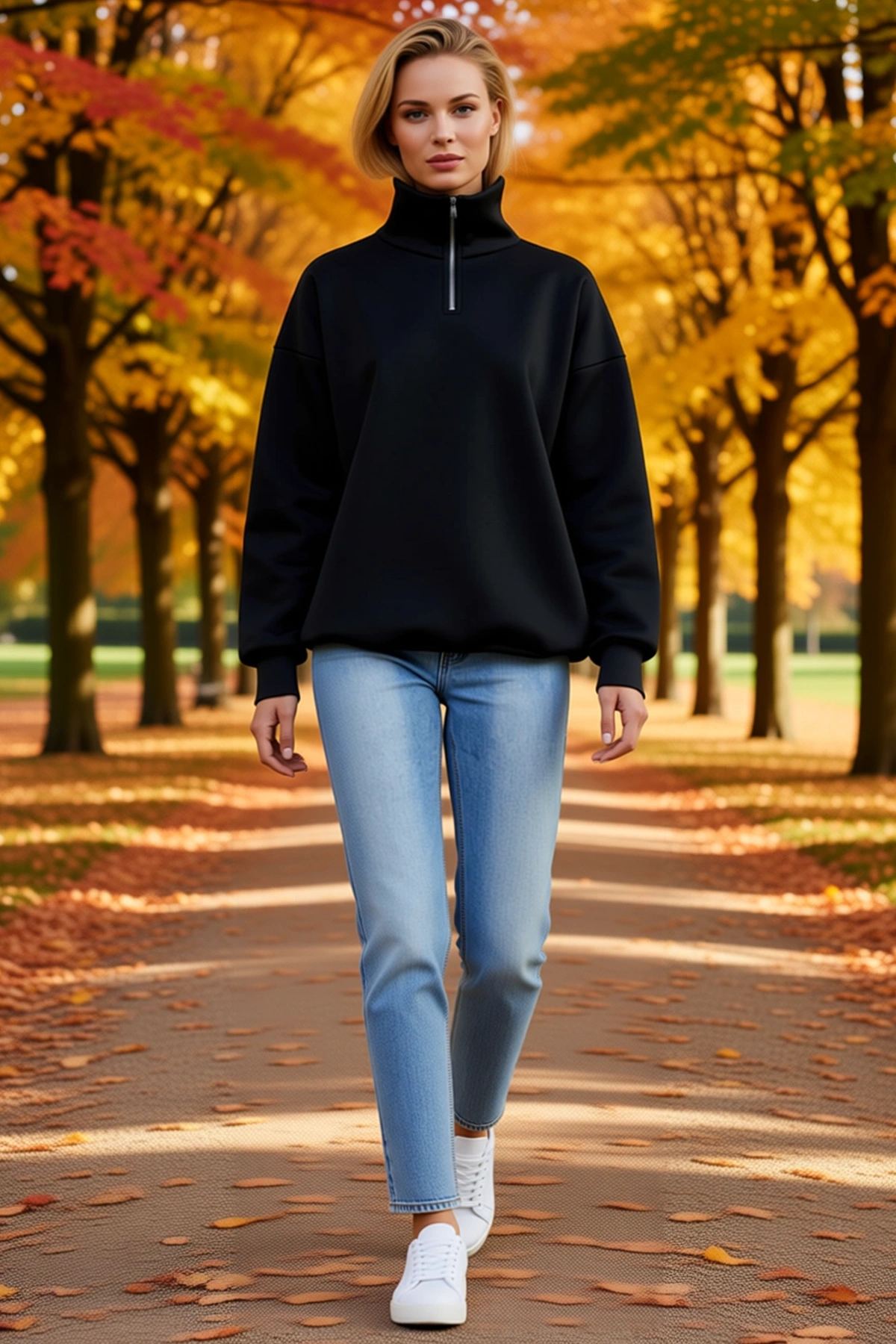 Kadın Uzun Kollu Yarım Fermuarlı Yüksek Yaka Basic Sweatshirt Bol Kesim Düşük Omuz Ribanalı Günlük