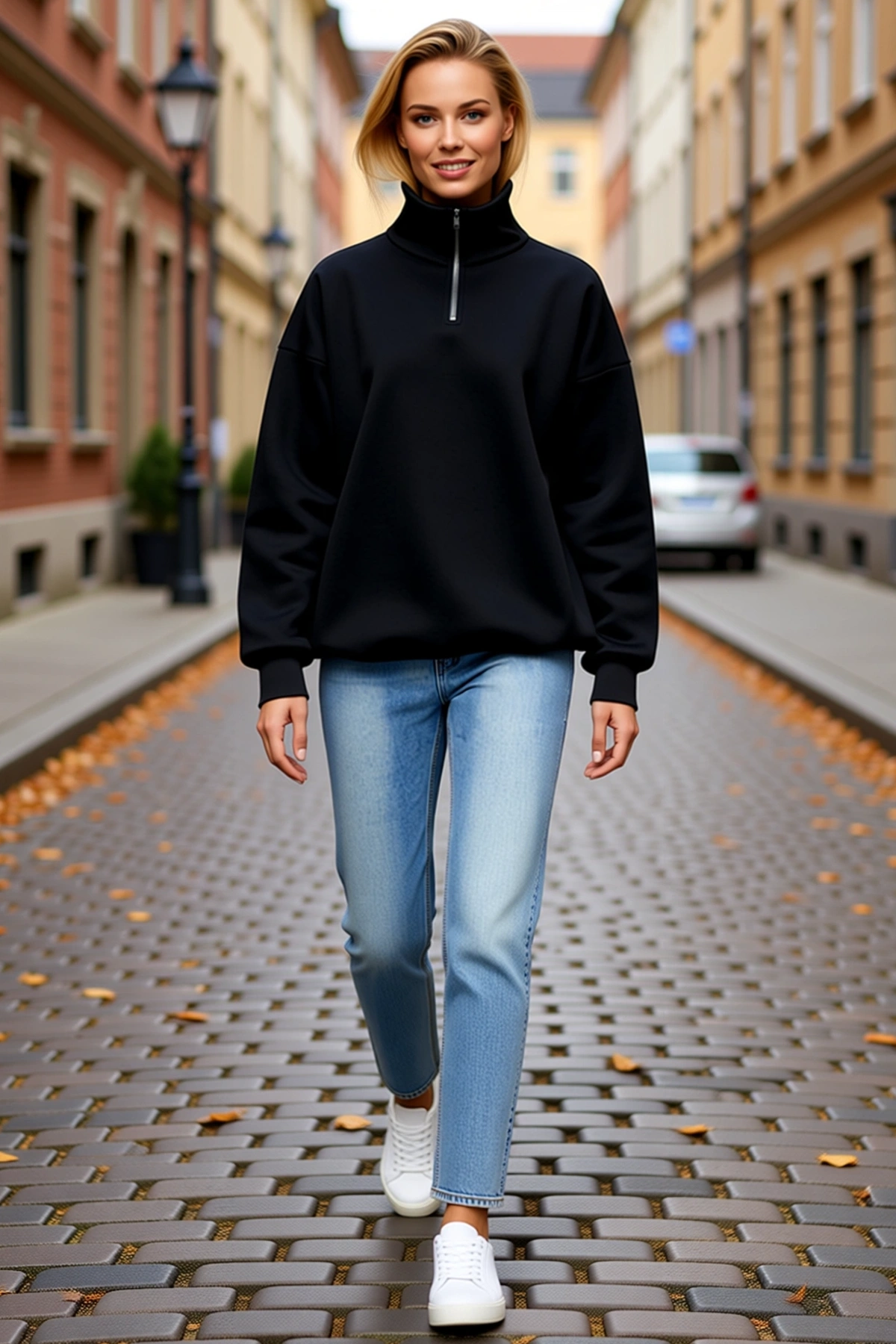 Kadın Uzun Kollu Yarım Fermuarlı Yüksek Yaka Basic Sweatshirt Bol Kesim Düşük Omuz Ribanalı Günlük