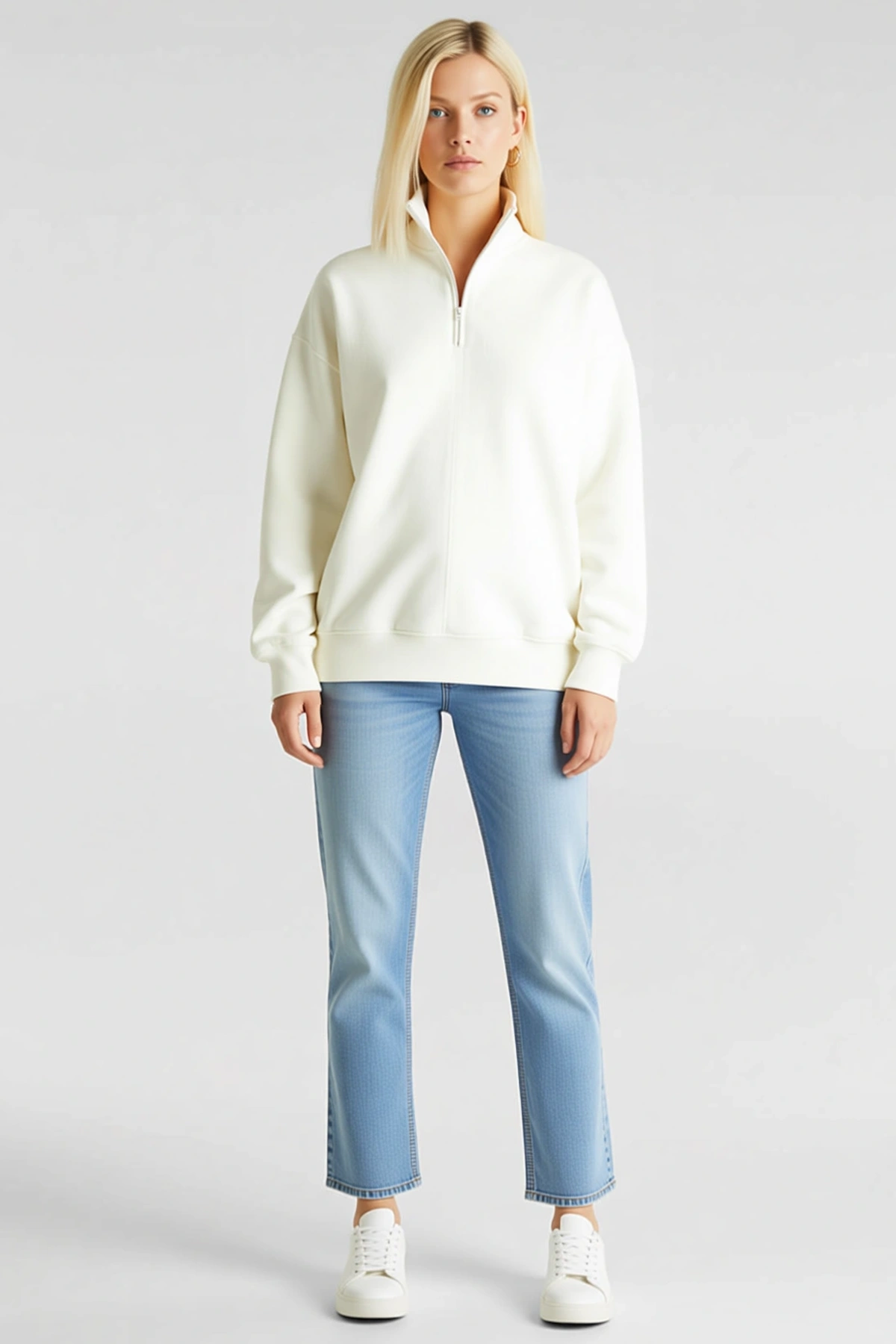 Kadın Uzun Kollu Yarım Fermuarlı Dik Yakalı Basic Sweatshirt Salaş Kalıp Düşük Omuz Konforlu Modern