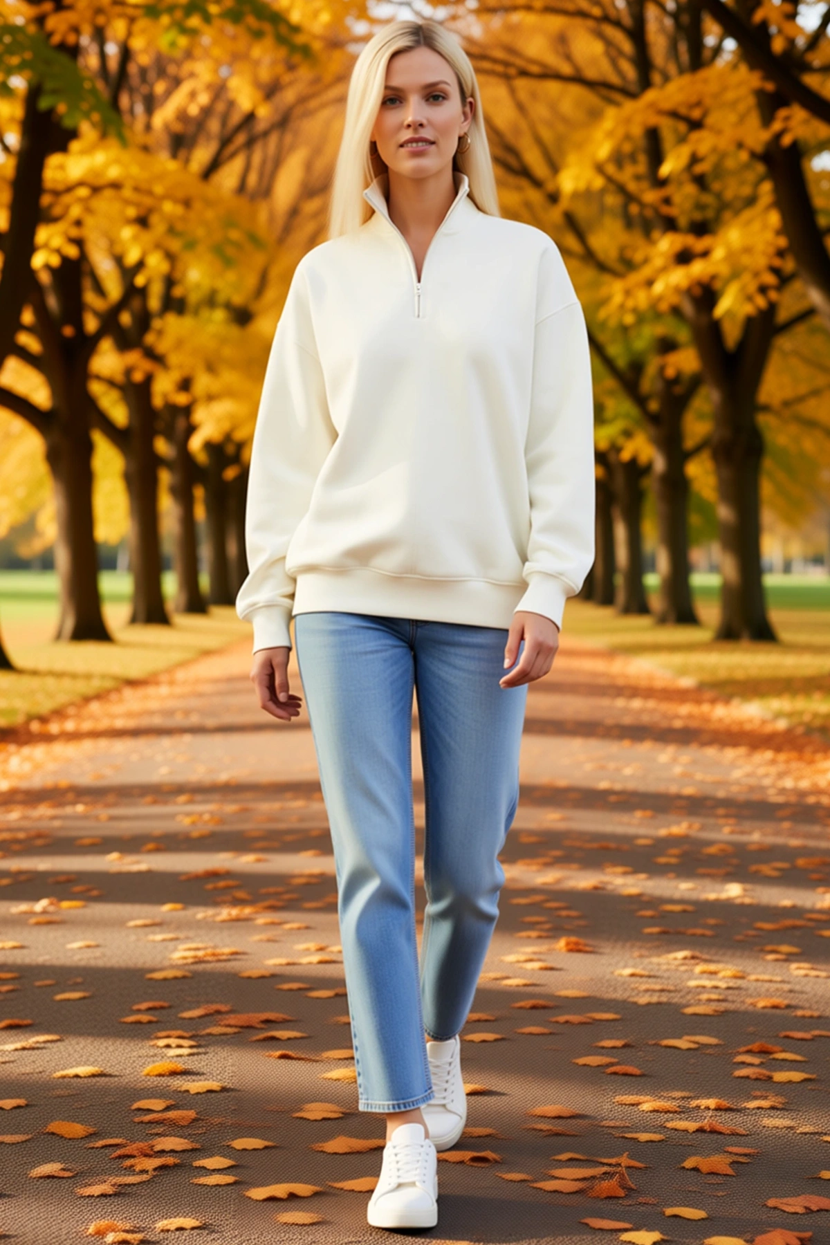 Kadın Uzun Kollu Yarım Fermuarlı Dik Yakalı Basic Sweatshirt Salaş Kalıp Düşük Omuz Konforlu Modern