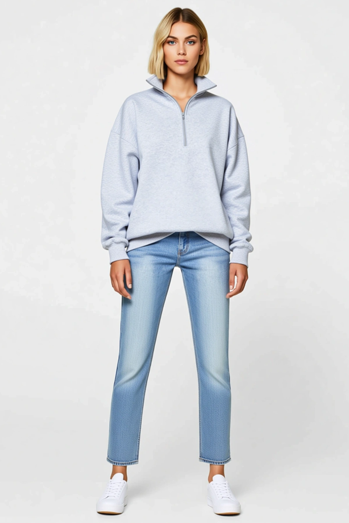 Kadın Yüksek Yaka Yarım Fermuarlı Melanj Dokulu Salaş Basic Sweatshirt Düşük Omuz Ribanalı Kol Ucu