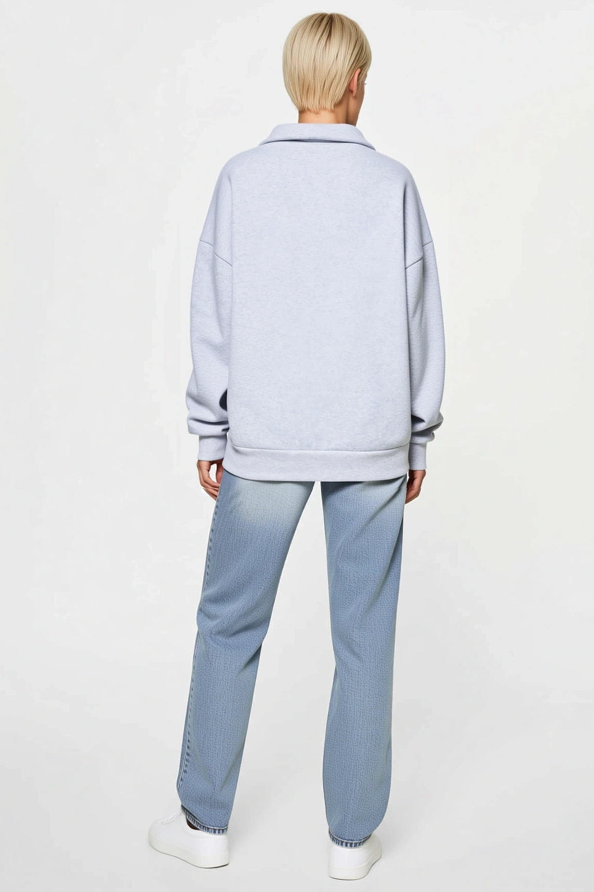 Kadın Yüksek Yaka Yarım Fermuarlı Melanj Dokulu Salaş Basic Sweatshirt Düşük Omuz Ribanalı Kol Ucu