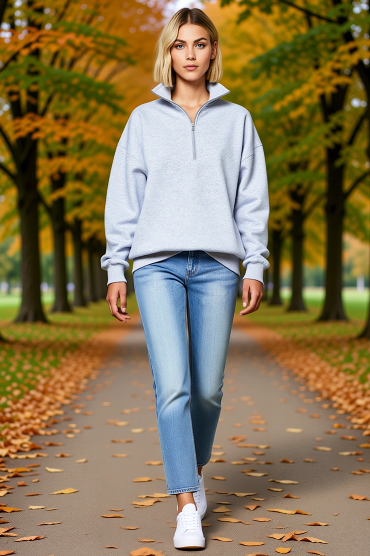 Kadın Yüksek Yaka Yarım Fermuarlı Melanj Dokulu Salaş Basic Sweatshirt Düşük Omuz Ribanalı Kol Ucu