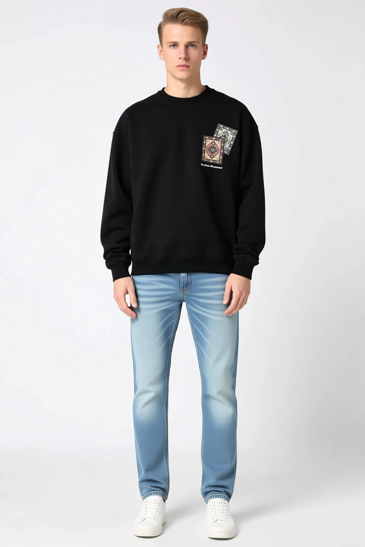 Erkek Bisiklet Yaka Kilim Motifli Baskılı Oversize Sweatshirt Düşük Omuz Ribanalı Kol Ucu Günlük