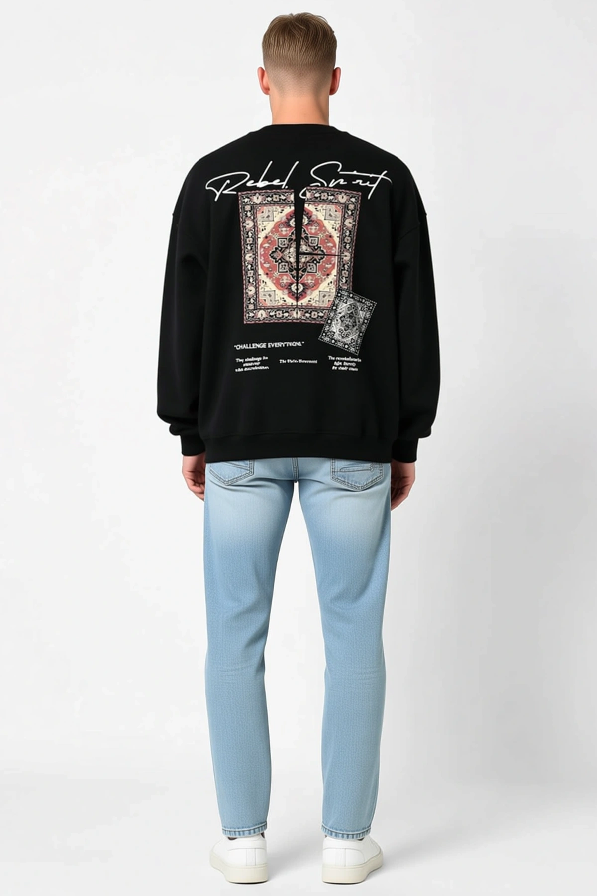 Erkek Bisiklet Yaka Kilim Motifli Baskılı Oversize Sweatshirt Düşük Omuz Ribanalı Kol Ucu Günlük