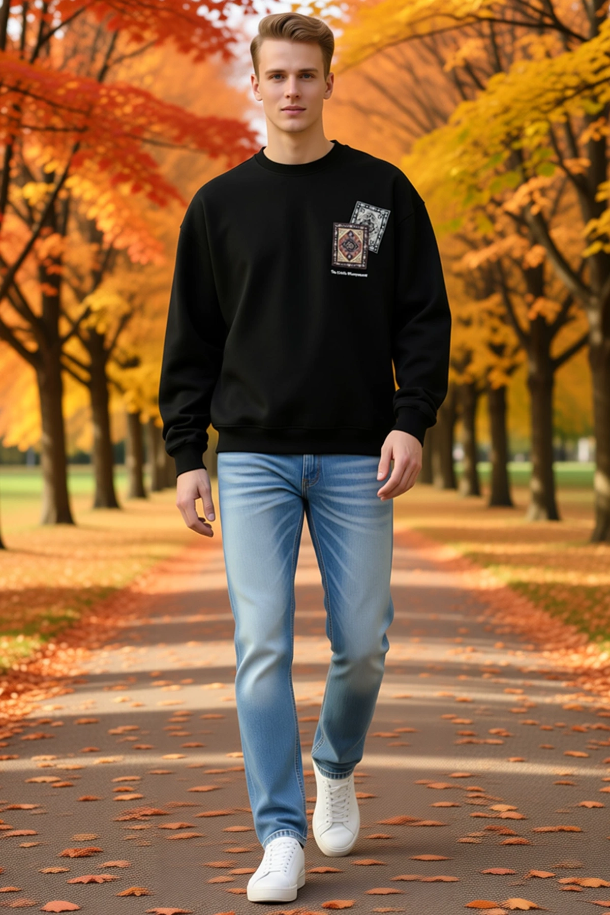Erkek Bisiklet Yaka Kilim Motifli Baskılı Oversize Sweatshirt Düşük Omuz Ribanalı Kol Ucu Günlük