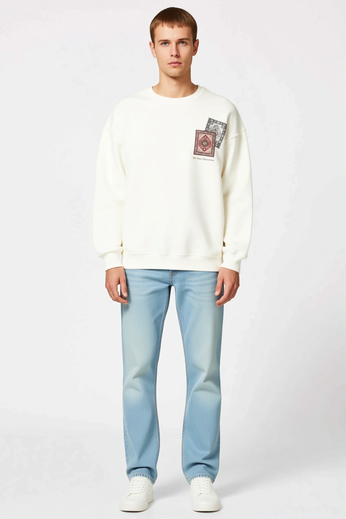 Erkek Bisiklet Yaka Nostaljik Halı Desenli Baskılı Bol Kalıp Sweatshirt Ribanalı Etek Ucu Konforlu