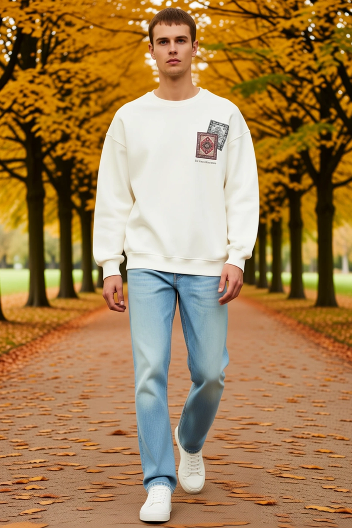 Erkek Bisiklet Yaka Nostaljik Halı Desenli Baskılı Bol Kalıp Sweatshirt Ribanalı Etek Ucu Konforlu
