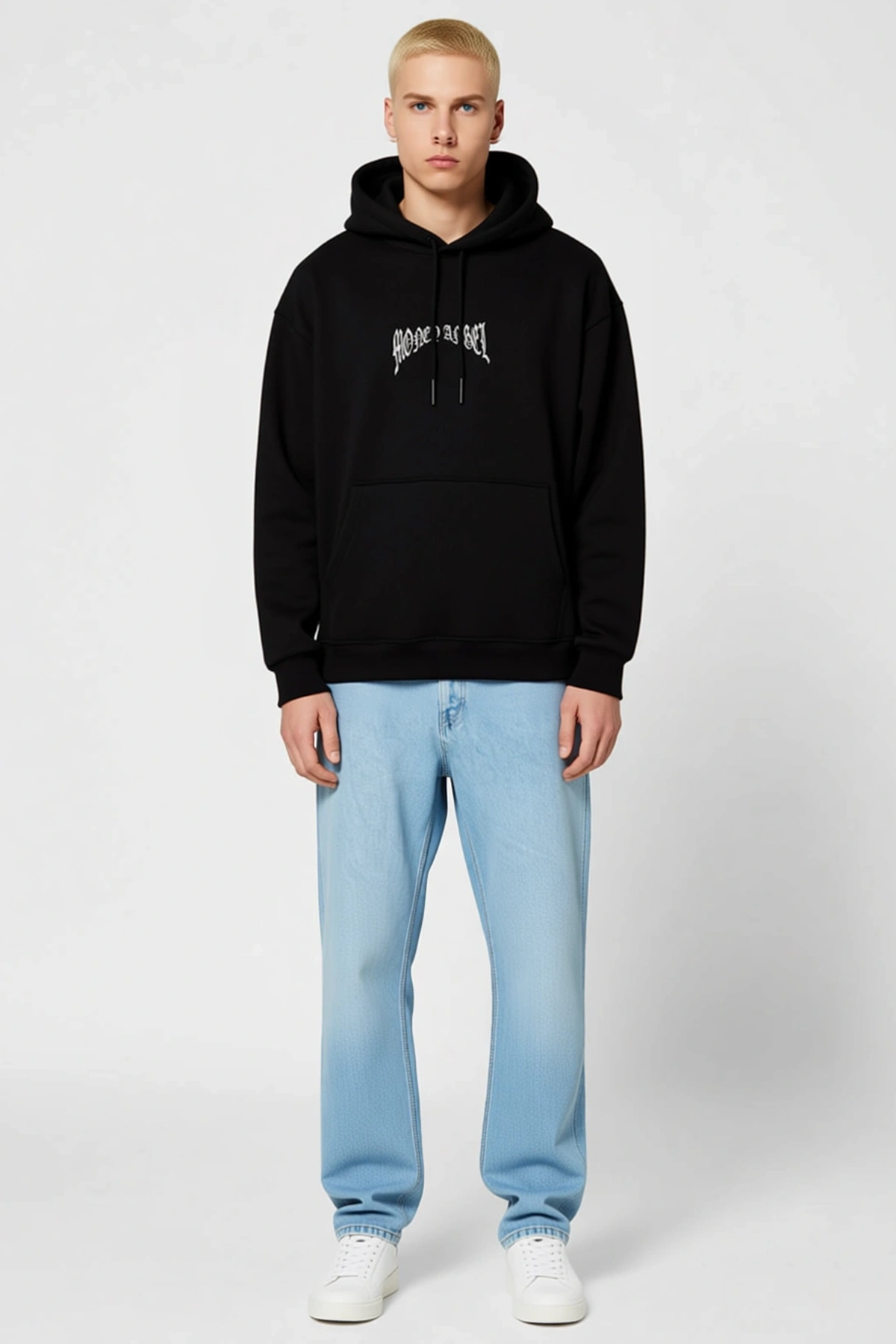 Erkek Kordon İpli Kapüşonlu Sweatshirt Önü Gotik Yazı Baskılı Kanguru Cepli Oversize Kalıp Günlük
