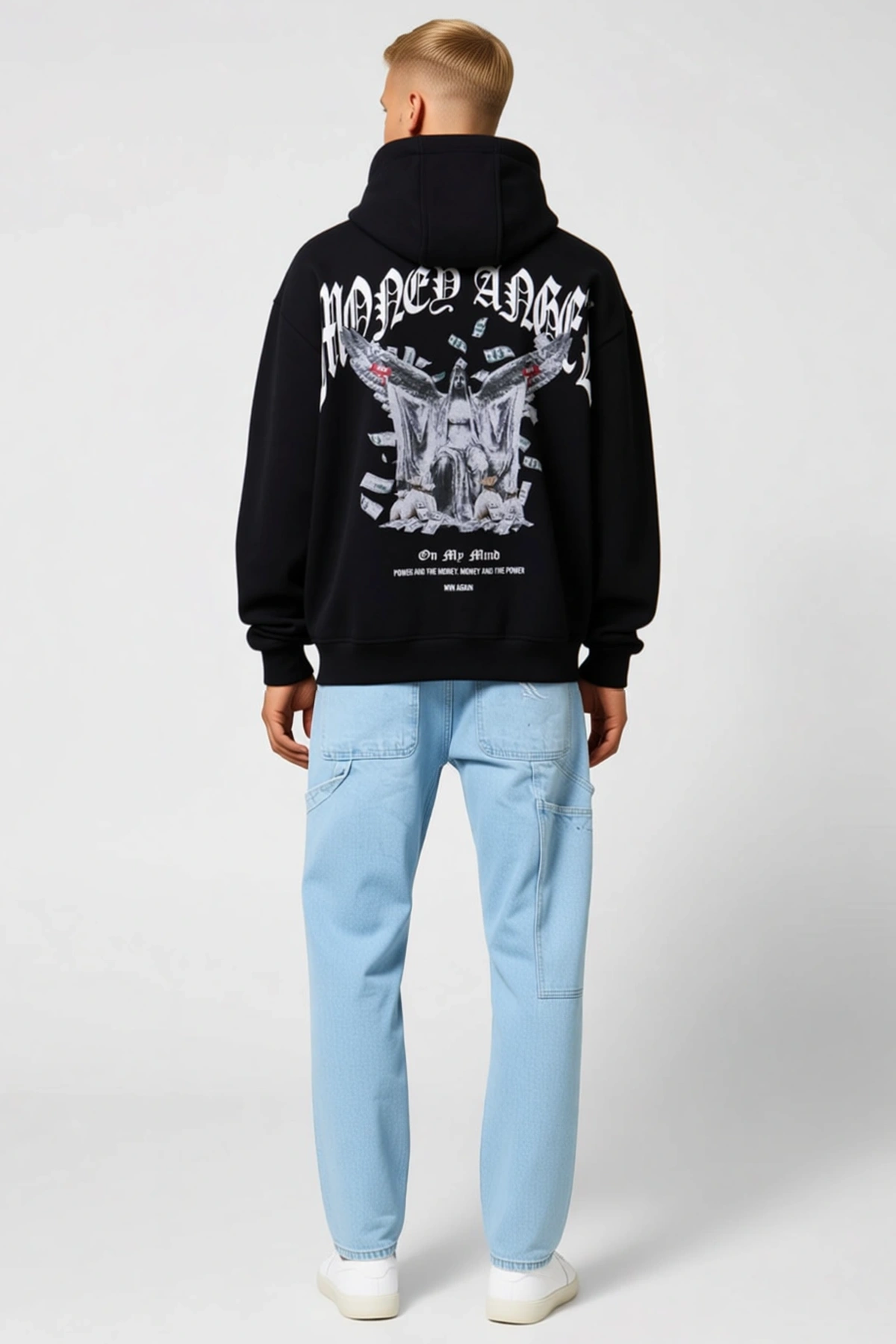 Erkek Kordon İpli Kapüşonlu Sweatshirt Önü Gotik Yazı Baskılı Kanguru Cepli Oversize Kalıp Günlük