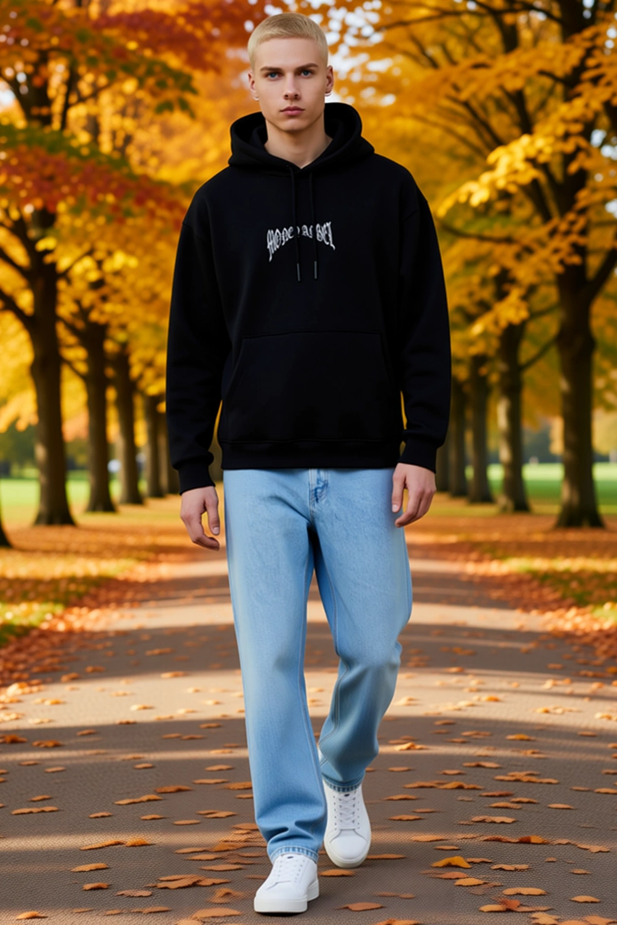Erkek Kordon İpli Kapüşonlu Sweatshirt Önü Gotik Yazı Baskılı Kanguru Cepli Oversize Kalıp Günlük
