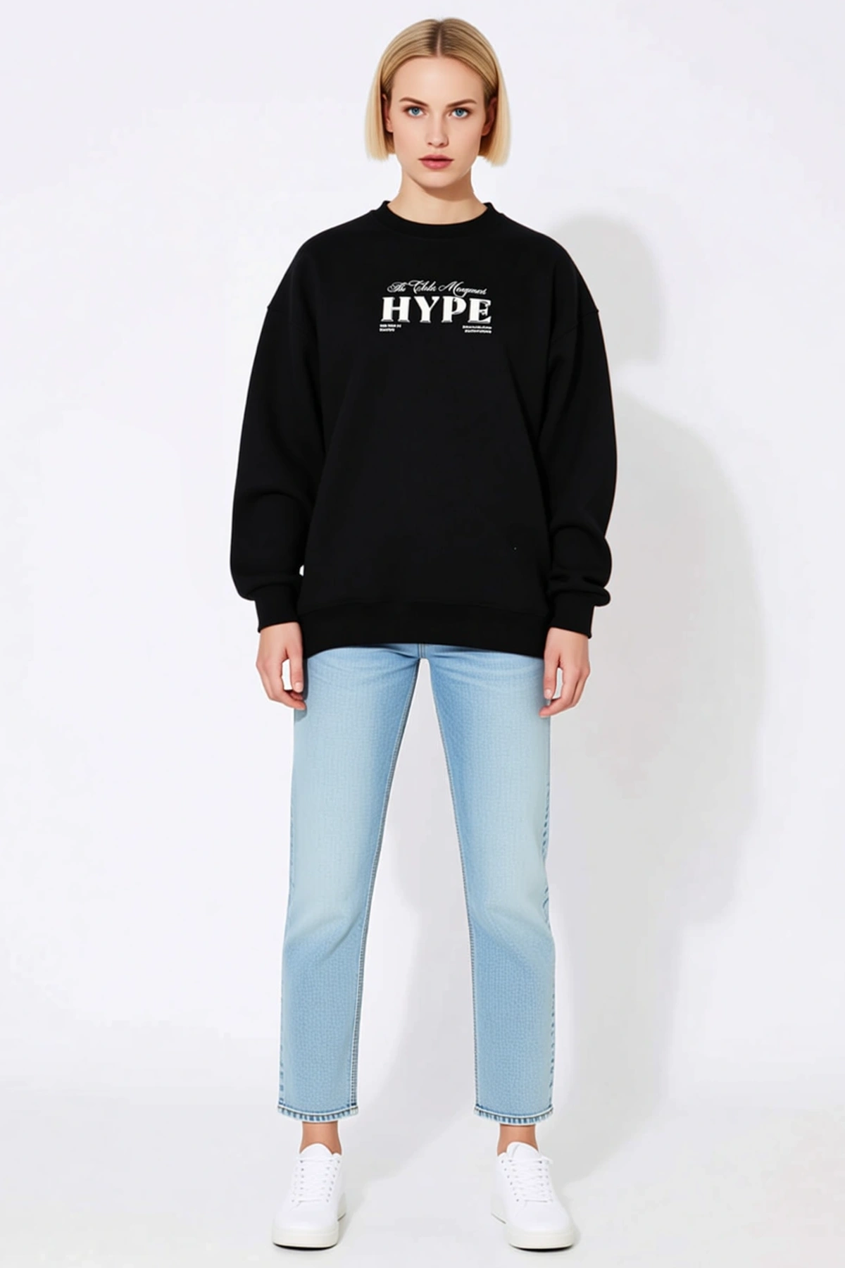 Kadın Üç İplik Bisiklet Yaka Baskılı Sweatshirt Önü HYPE Yazılı Düşük Omuz Oversize Kalıp Günlük