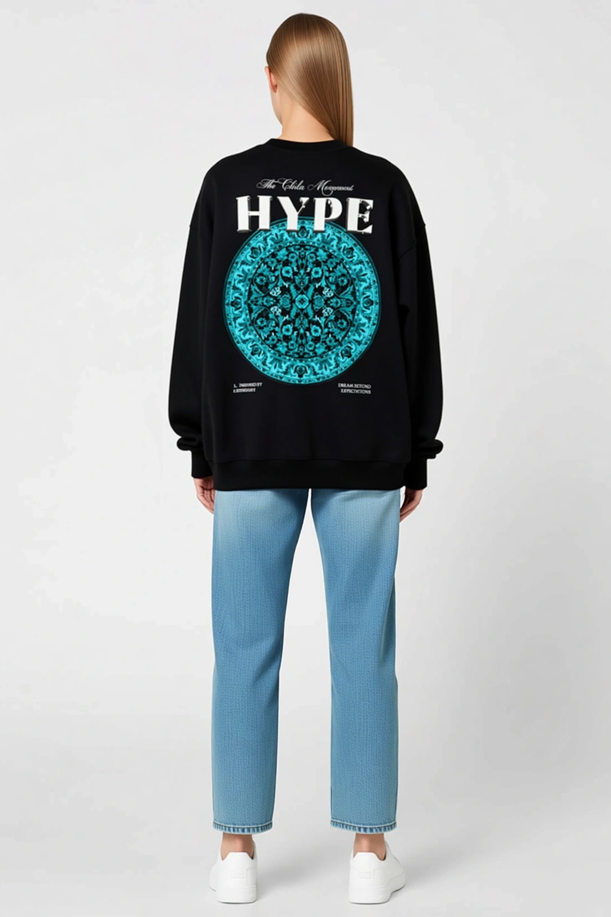 Kadın Üç İplik Bisiklet Yaka Baskılı Sweatshirt Önü HYPE Yazılı Düşük Omuz Oversize Kalıp Günlük